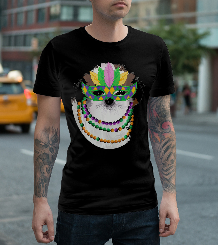 Funny Shih Tzu Mardi Gras Beads Necklace Mask With Colorful Feathered Mask T-Shirt