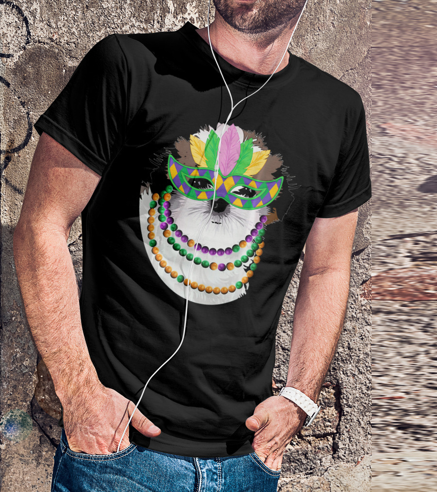 Funny Shih Tzu Mardi Gras Beads Necklace Mask With Colorful Feathered Mask T-Shirt
