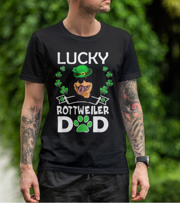 Lucky Rottweiler Dad St Patricks Day Shamrocks And Green Hat T-Shirt
