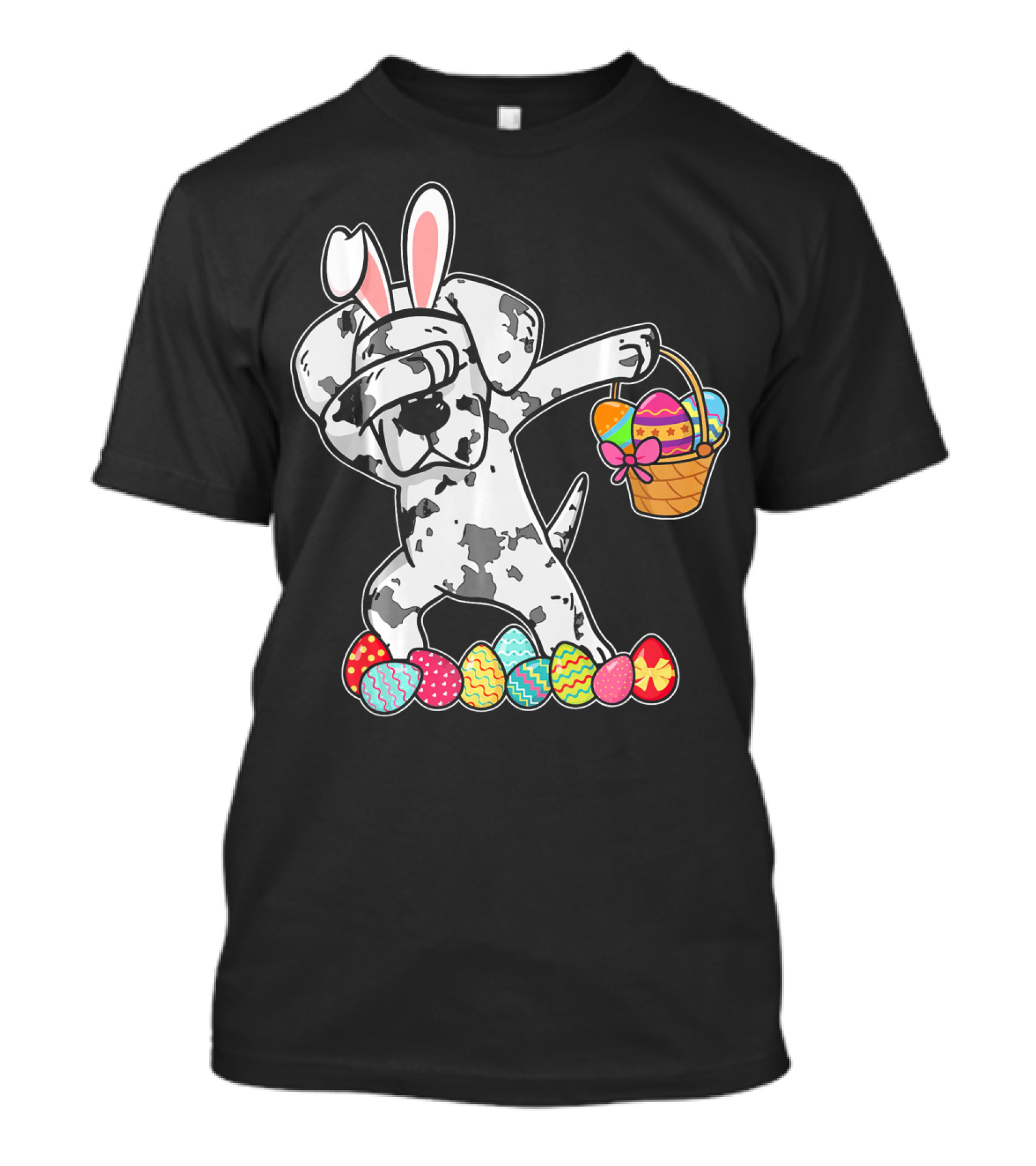 Great Dane Dabbing Easter Bunny With Egg Basket And Colorful Hunting Eggs T-Shirt