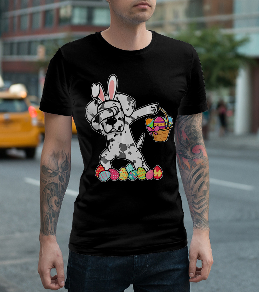 Great Dane Dabbing Easter Bunny with Egg Basket and Colorful Hunting Eggs T-Shirt