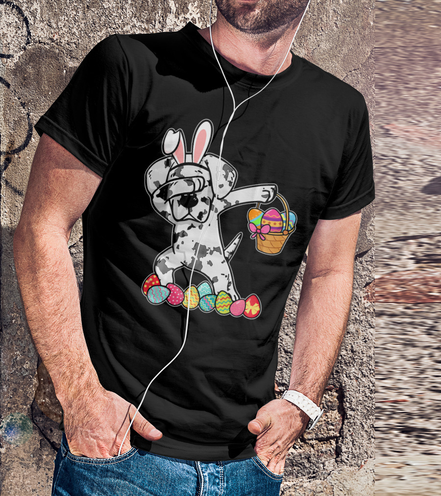 Great Dane Dabbing Easter Bunny With Egg Basket And Colorful Hunting Eggs T-Shirt
