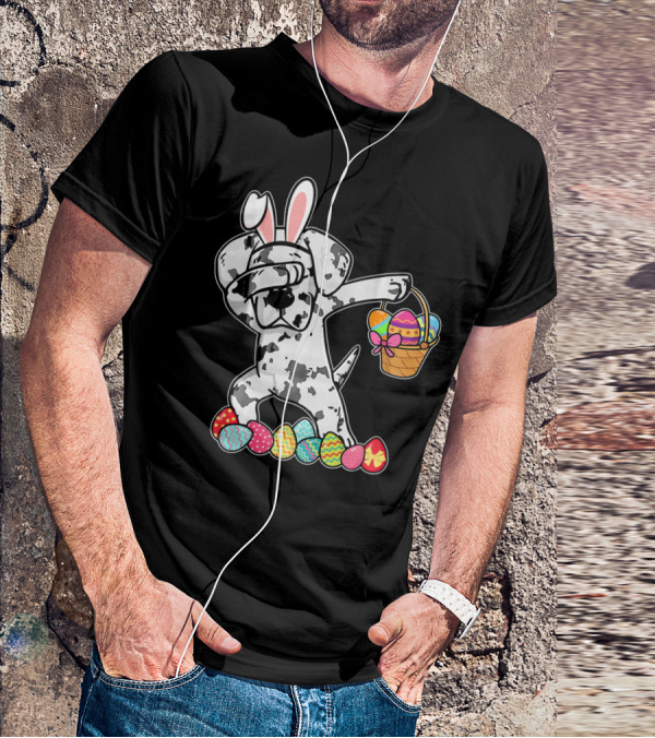 Great Dane Dabbing Easter Bunny With Egg Basket And Colorful Hunting Eggs T-Shirt