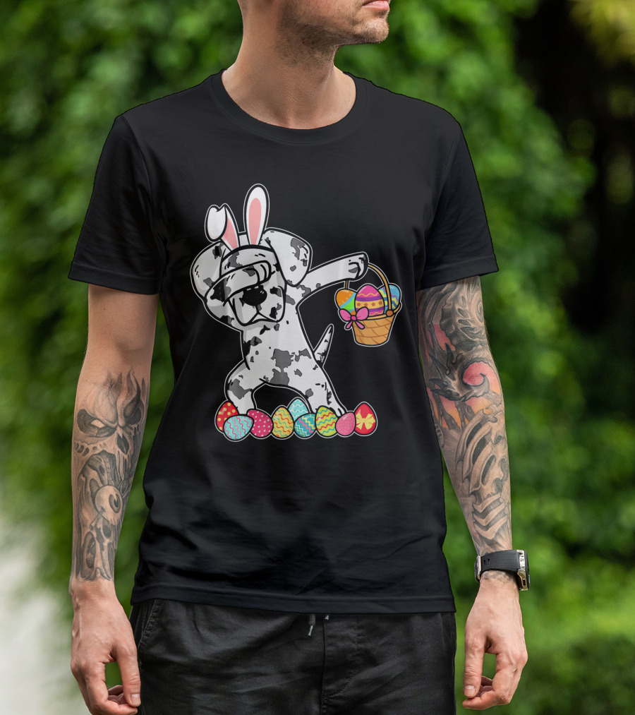 Great Dane Dabbing Easter Bunny With Egg Basket And Colorful Hunting Eggs T-Shirt