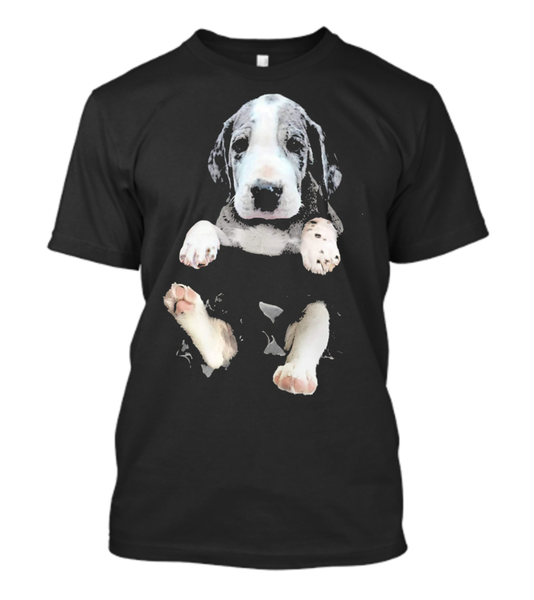 Great Dane Puppy Peeking Out Of Pocket T-Shirt