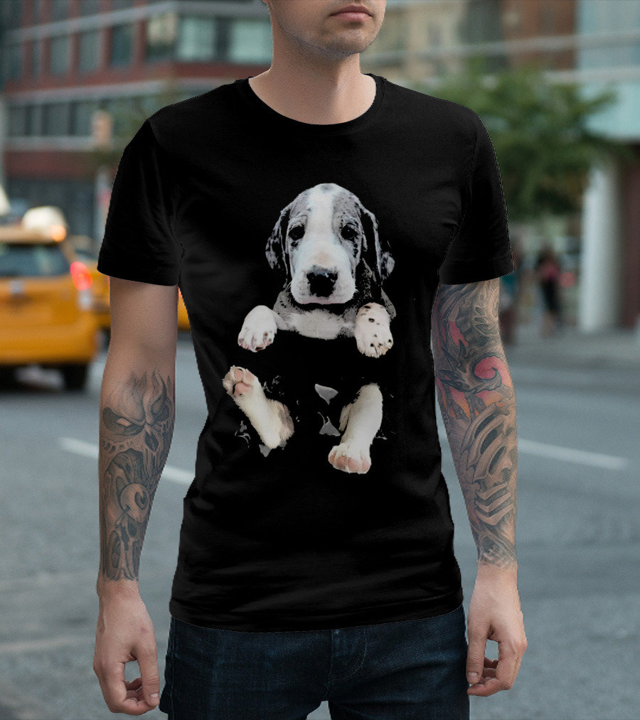 Great Dane Puppy Peeking Out of Pocket T-Shirt