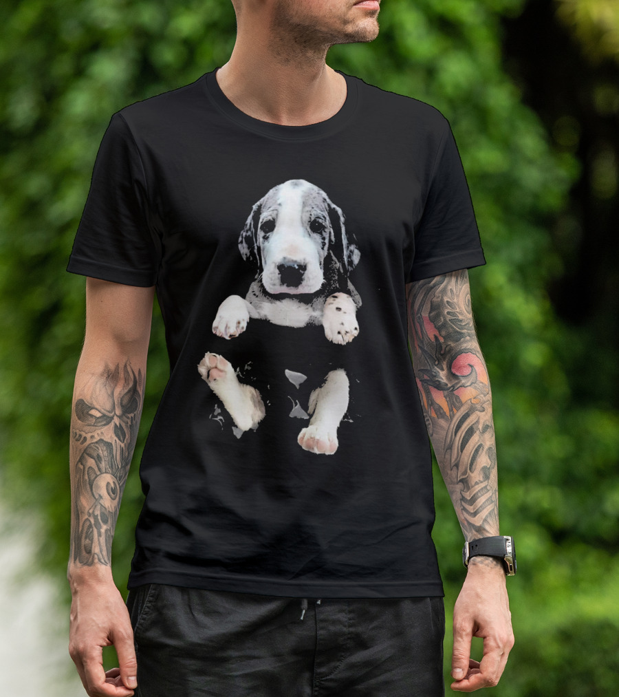 Great Dane Puppy Peeking Out Of Pocket T-Shirt
