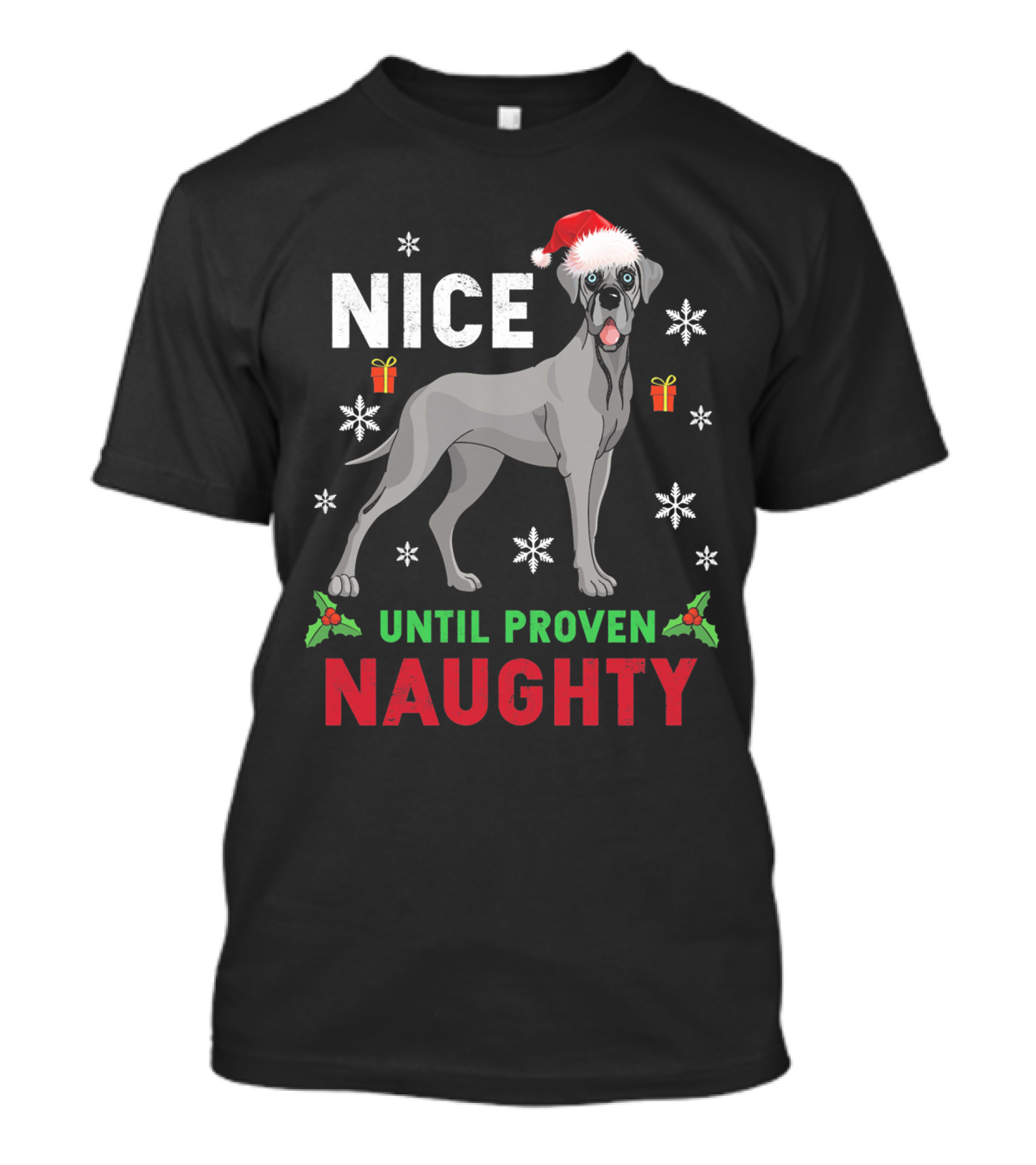 Great Dane Nice Until Proven Naughty Christmas Santa Hat Snowflakes T-Shirt