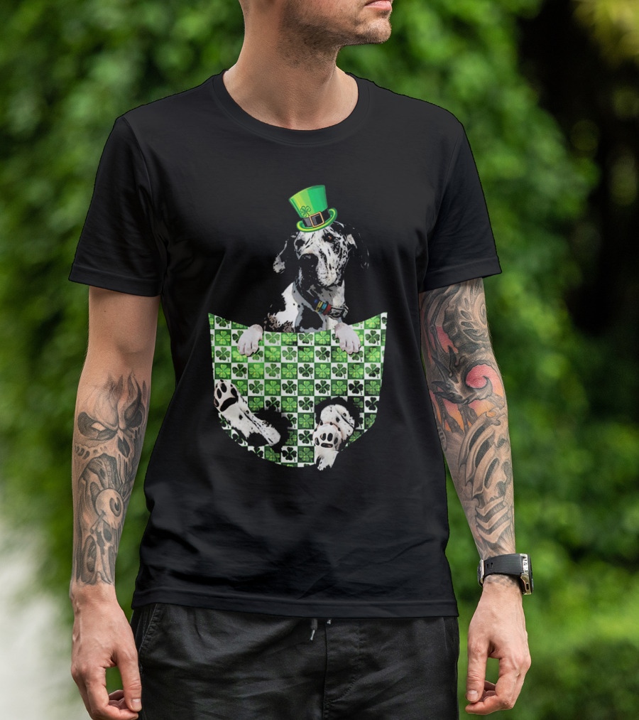 Great Dane In Pocket With Green Shamrock Patrick Hat T-Shirt