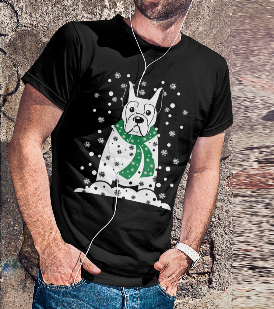 Great Dane Snowman With Green Scarf And Falling Snowflakes T-Shirt