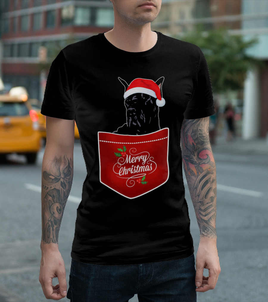 Great Dane In Santa Hat With Merry Christmas Pocket T-Shirt