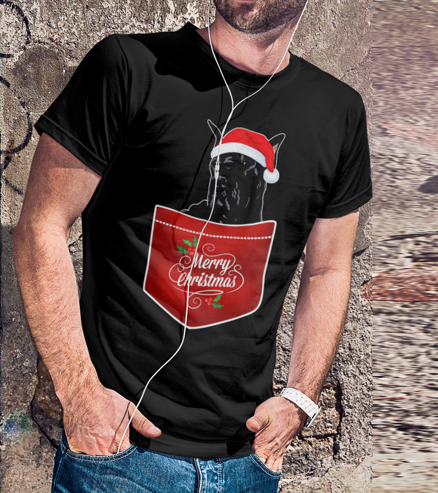Great Dane In Santa Hat With Merry Christmas Pocket T-Shirt