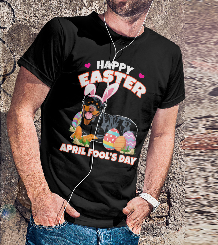 Happy Easter April Fool's Day Funny Rottweiler With Bunny Ears And Colorful Eggs T-Shirt