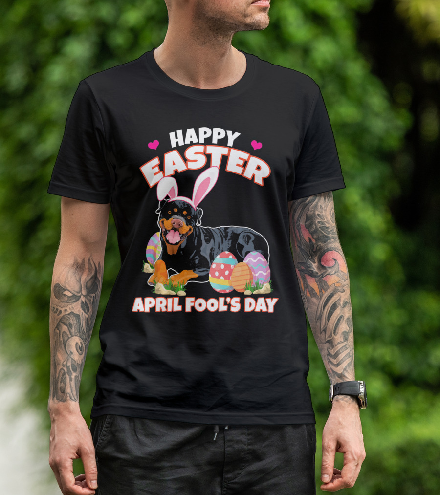 Happy Easter April Fool's Day Funny Rottweiler With Bunny Ears And Colorful Eggs T-Shirt