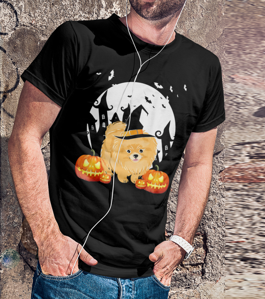 Happy Halloween Little Witch Pomeranian Dog With Pumpkins And Haunted House T-Shirt