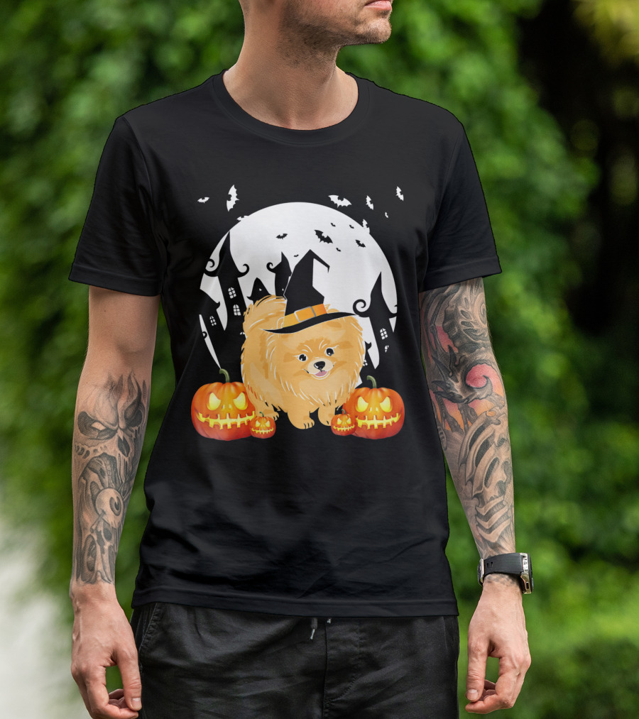 Happy Halloween Little Witch Pomeranian Dog With Pumpkins And Haunted House T-Shirt