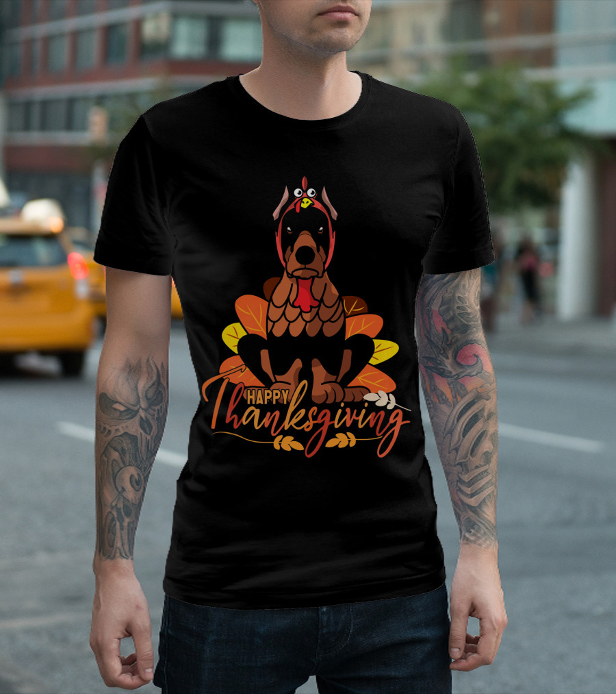 Happy Thanksgiving Doberman Pinscher Turkey Autumn Leaves T-Shirt