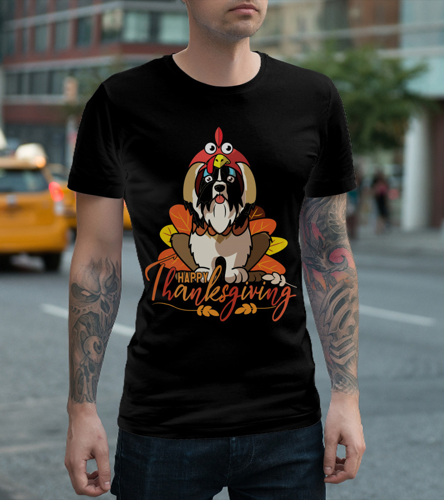 Happy Thanksgiving Shih Tzu In Turkey Costume With Leaves T-Shirt