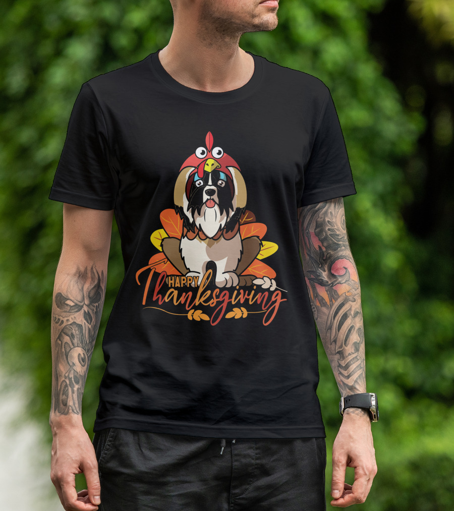 Happy Thanksgiving Shih Tzu In Turkey Costume With Leaves T-Shirt