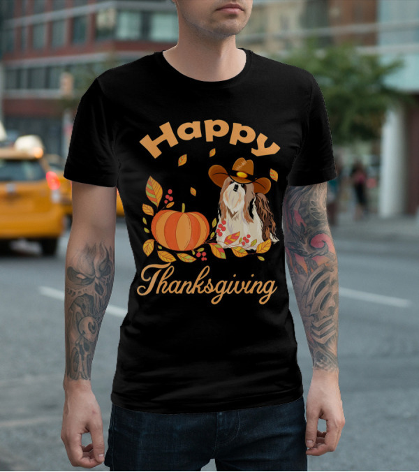 Happy Thanksgiving Shih Tzu Cowboy Pumpkin Leaves T-Shirt