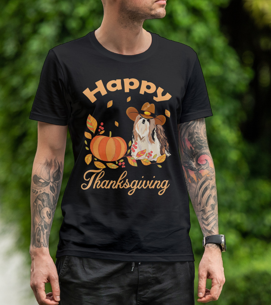 Happy Thanksgiving Shih Tzu Cowboy Pumpkin Leaves T-Shirt