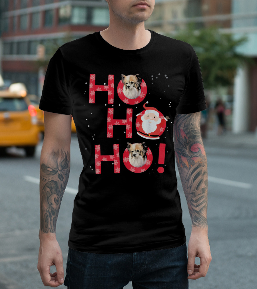 Ho Ho Ho Papillon Dog Santa's Laugh with Snowflakes T-Shirt