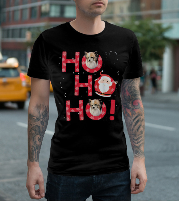 Ho Ho Ho Papillon Dog Santa's Laugh With Snowflakes T-Shirt