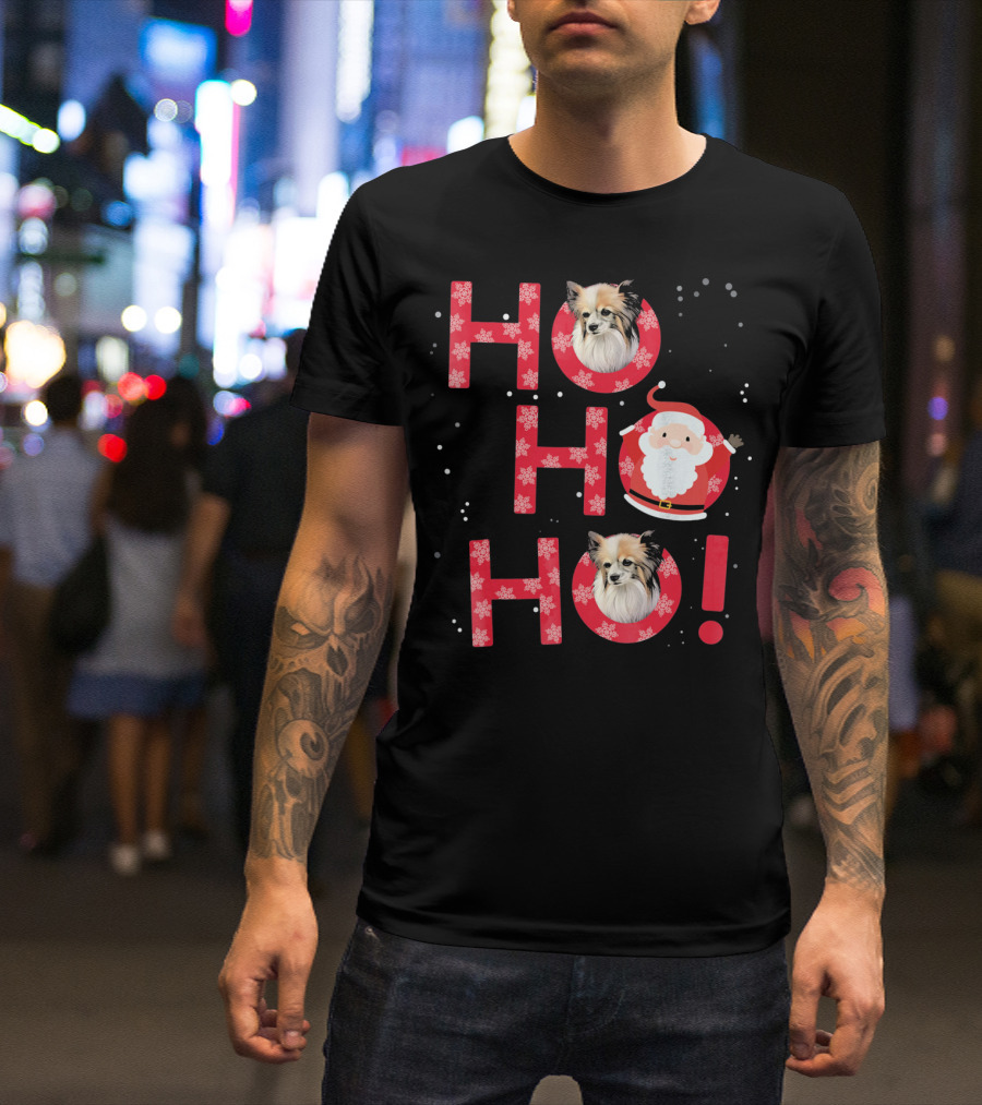 Ho Ho Ho Papillon Dog Santa's Laugh With Snowflakes T-Shirt