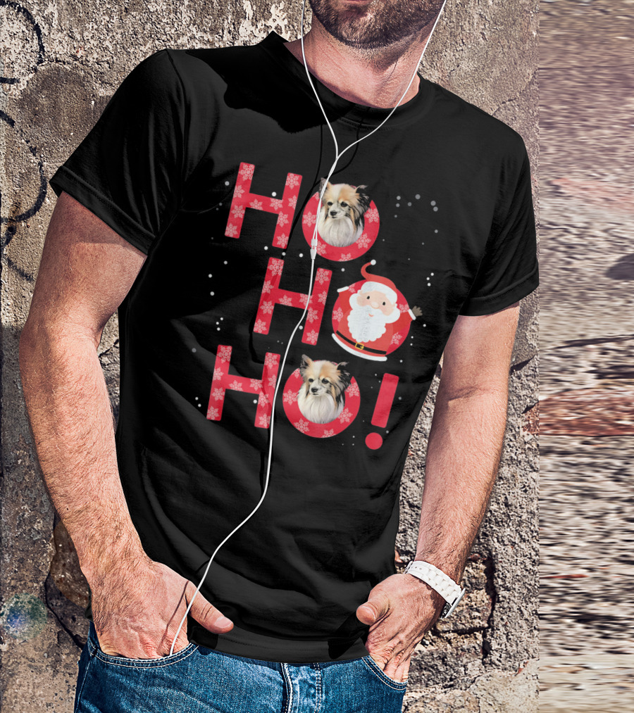 Ho Ho Ho Papillon Dog Santa's Laugh With Snowflakes T-Shirt
