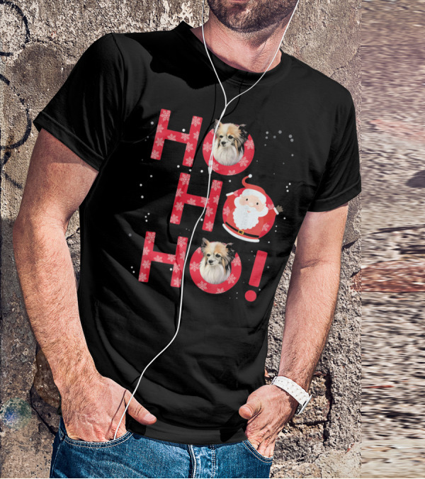 Ho Ho Ho Papillon Dog Santa's Laugh With Snowflakes T-Shirt