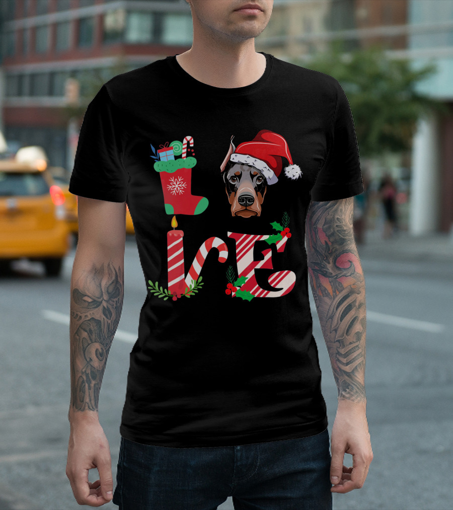 I Love My Doberman Lovers Owners Christmas Santa Hat Stocking Candle T-Shirt