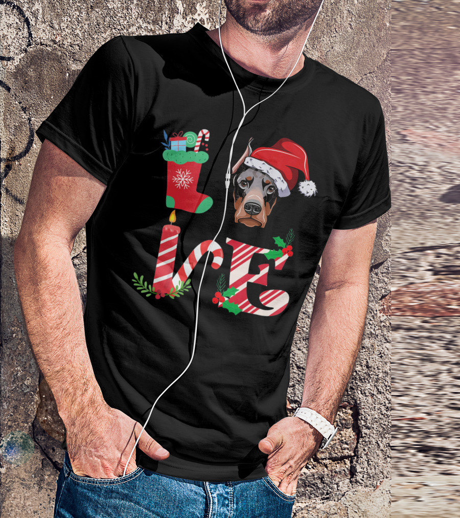 I Love My Doberman Lovers Owners Christmas Santa Hat Stocking Candle T-Shirt