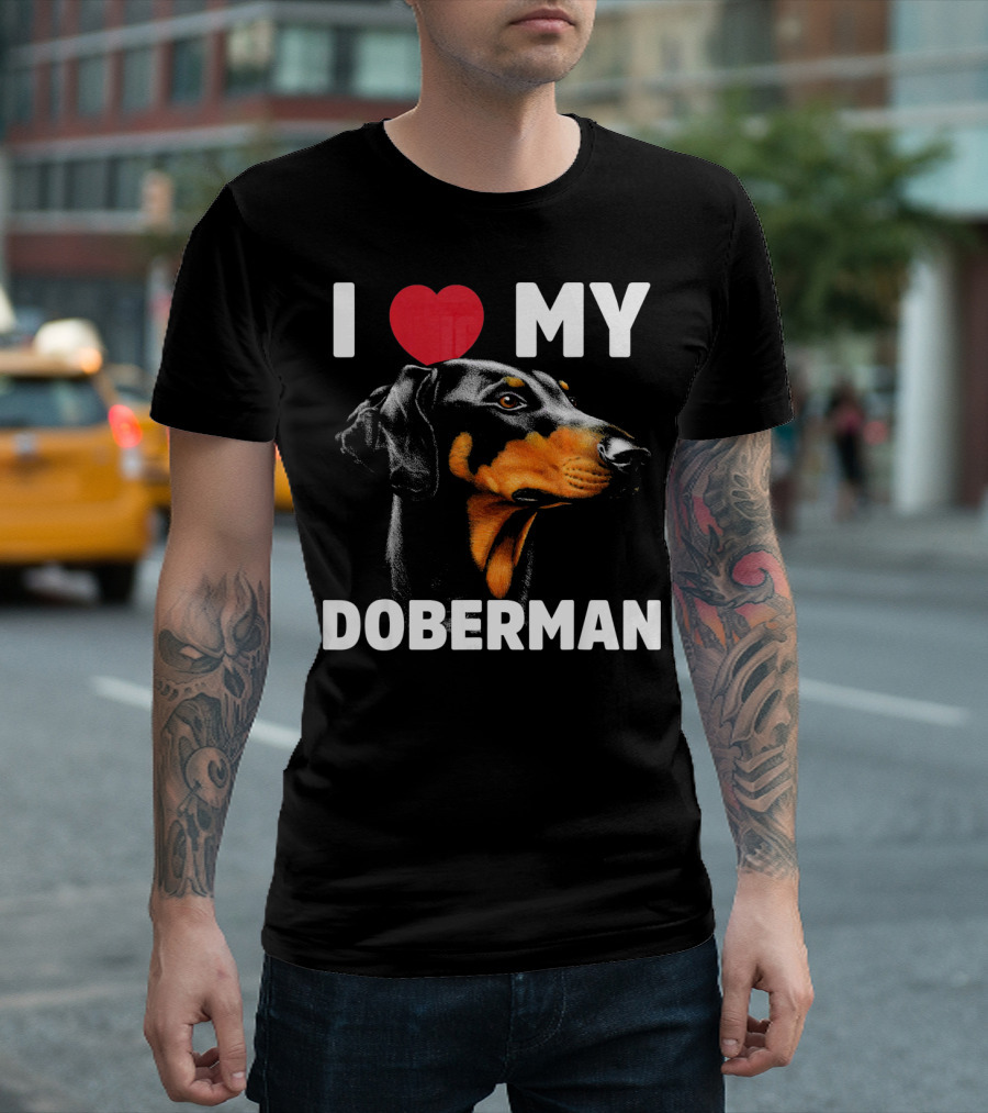 I Love My Doberman Heart Black Background Realistic T-Shirt