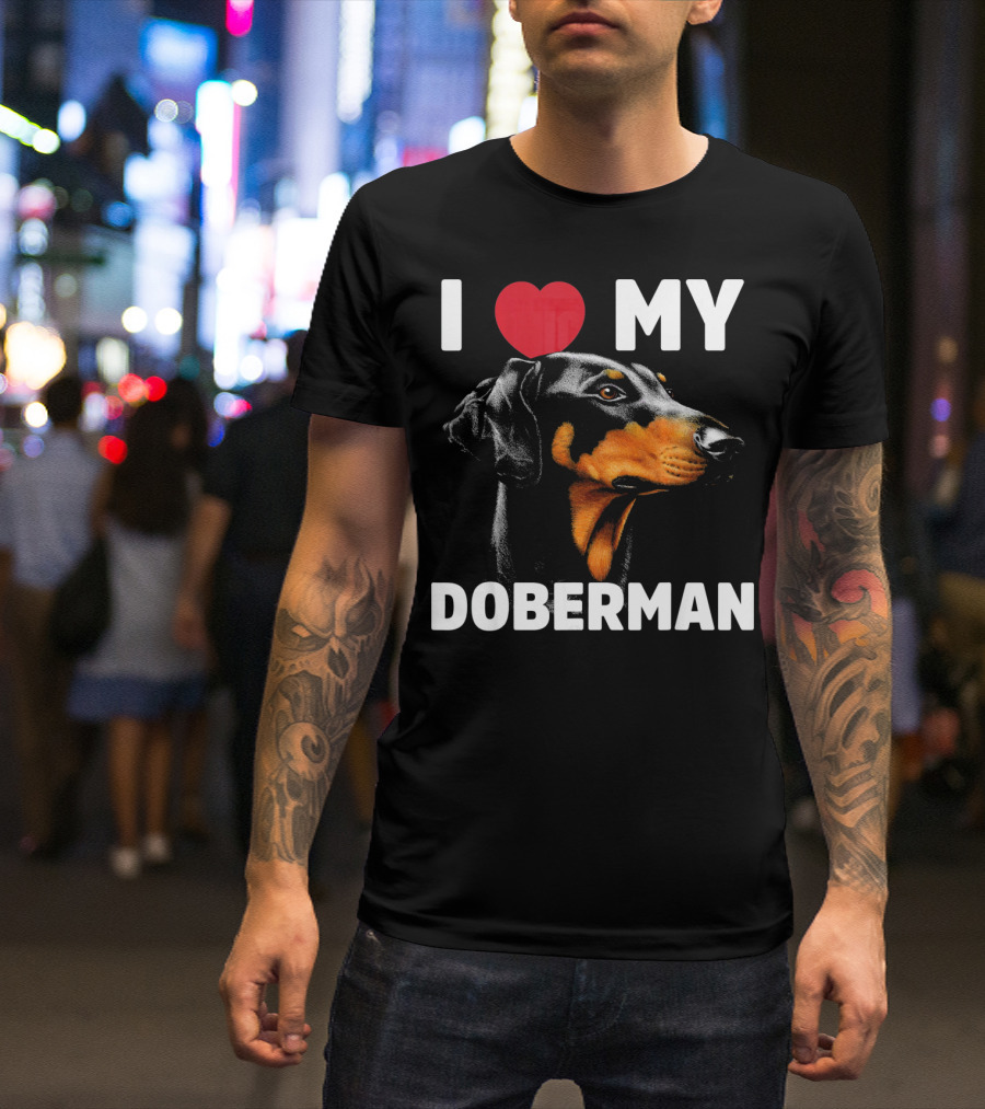 I Love My Doberman Heart Black Background Realistic T-Shirt