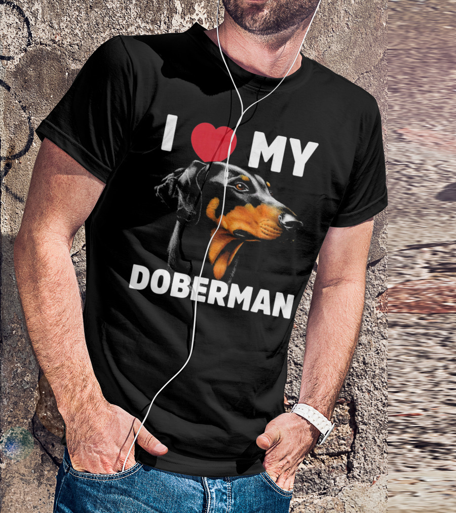 I Love My Doberman Heart Black Background Realistic T-Shirt