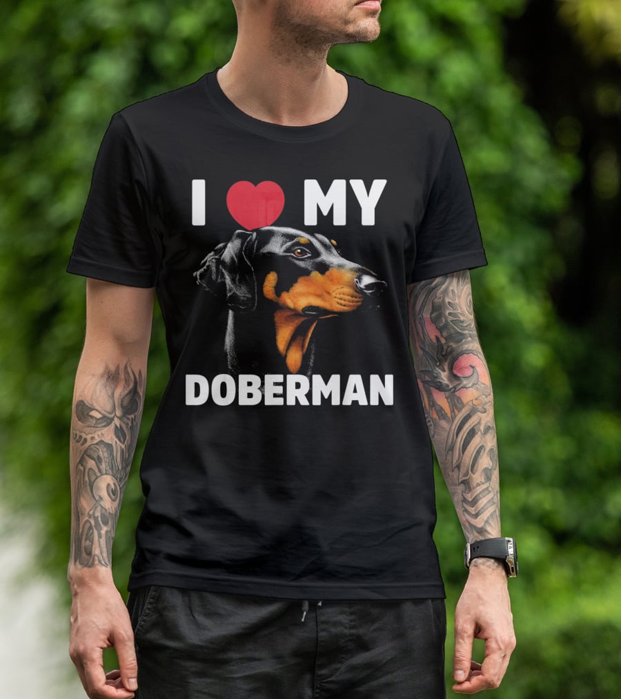 I Love My Doberman Heart Black Background Realistic T-Shirt