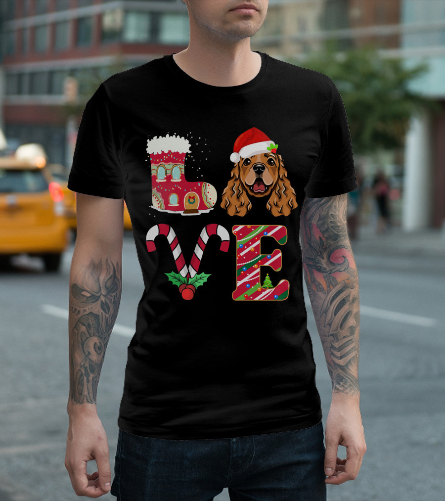 I Love My English Cocker Spaniel Christmas Candy Cane Santa Hat T-Shirt