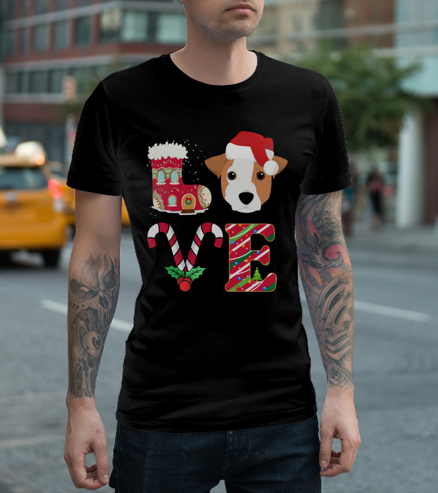 I Love My Jack Russell Terrier Christmas Holiday Santa Hat Candy Cane Gingerbread Boot T-Shirt