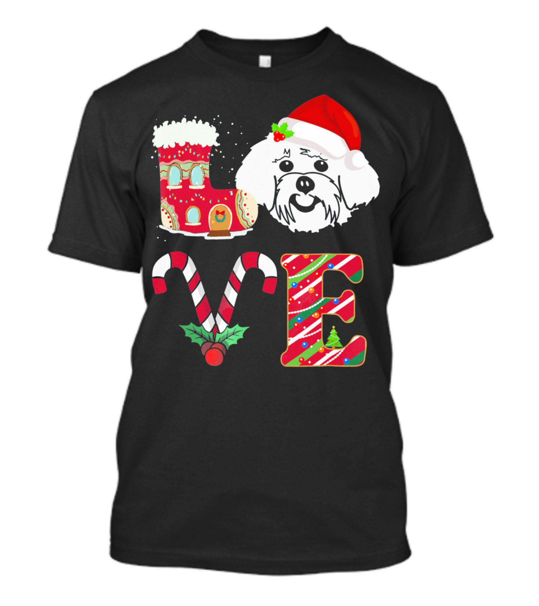 I Love My Maltese Christmas Candy Cane Gingerbread Santa Hat T-Shirt