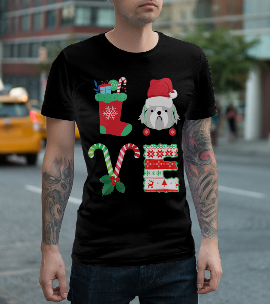 Love Shih Tzu Christmas Dog in Santa Hat with Stocking Candy Canes T-Shirt