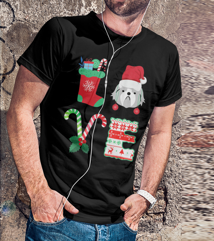 Love Shih Tzu Christmas Dog In Santa Hat With Stocking Candy Canes T-Shirt