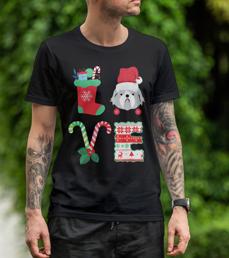 Love Shih Tzu Christmas Dog In Santa Hat With Stocking Candy Canes T-Shirt