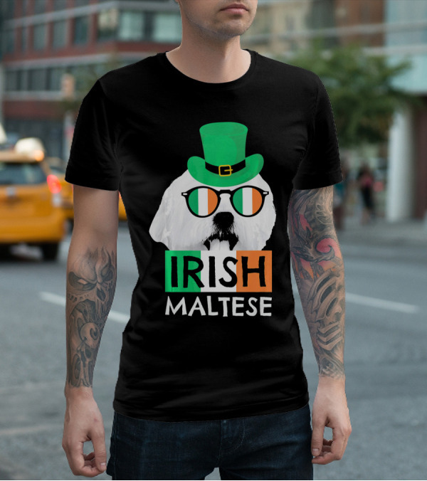 Irish Maltese St Patricks Day Dog Wearing Shamrock Hat And Glasses T-Shirt