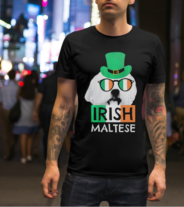 Irish Maltese St Patricks Day Dog Wearing Shamrock Hat And Glasses T-Shirt