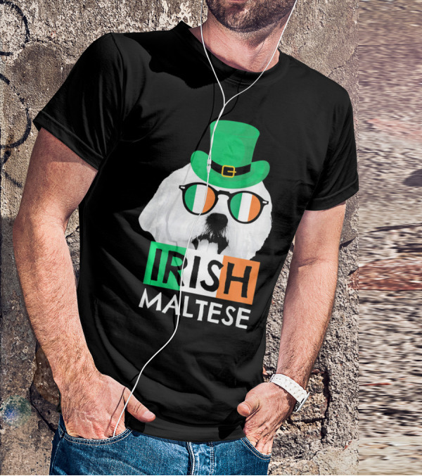 Irish Maltese St Patricks Day Dog Wearing Shamrock Hat And Glasses T-Shirt