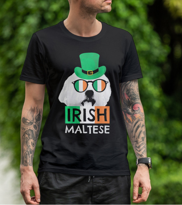 Irish Maltese St Patricks Day Dog Wearing Shamrock Hat And Glasses T-Shirt