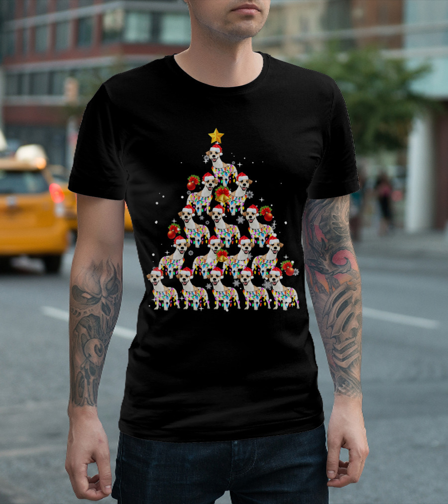 Jack Russell Dog with Santa Hat and Christmas Lights in Tree Shape with Star Decoration T-Shirt