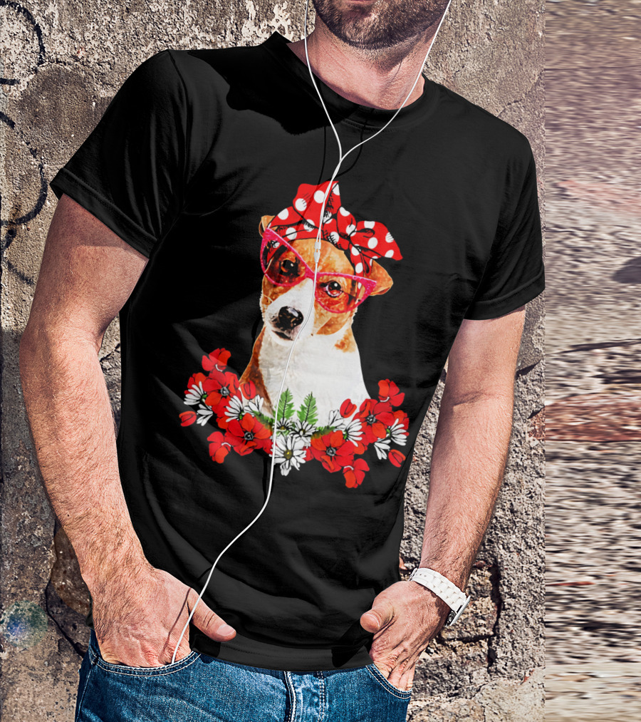 Jack Russell Dog Moms Red Polka Dot Bandana Glasses Mixed Flower Mothers T-Shirt