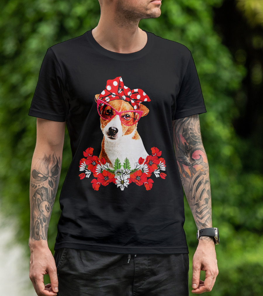 Jack Russell Dog Moms Red Polka Dot Bandana Glasses Mixed Flower Mothers T-Shirt
