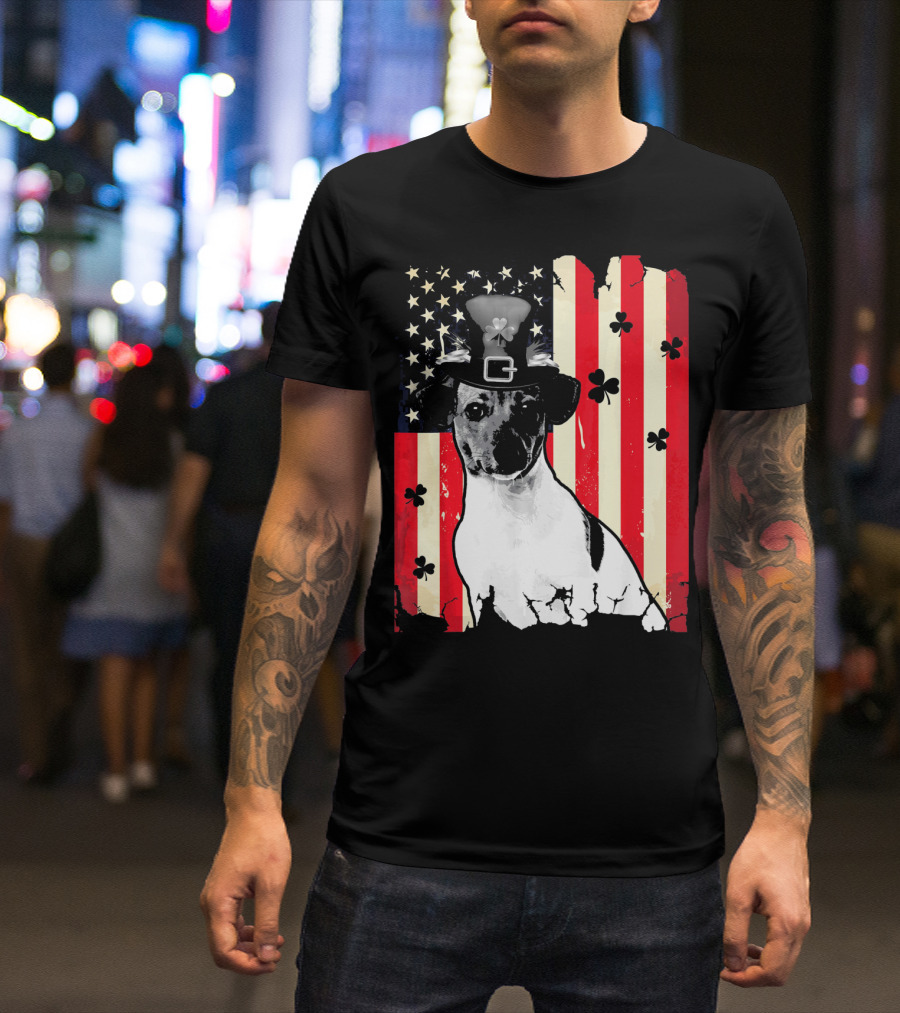 Jack Russell Terrier American Flag St Patricks Day With Shamrocks T-Shirt